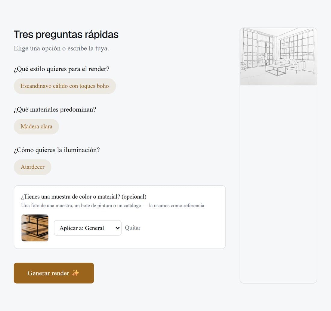 Pantalla de preguntas de estilo, materiales y luz en SketchToRender