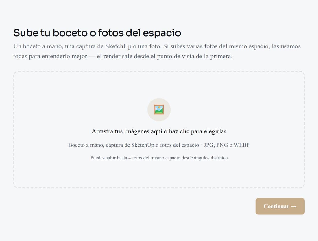 Pantalla para subir el boceto o las fotos del espacio en SketchToRender